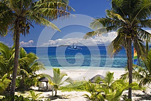 Sail boat seen through palm trees, Mamanuca Group islands, Fiji