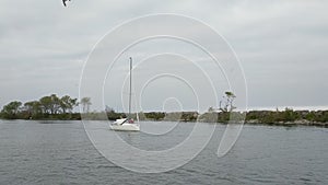 Sail boat slowly sailing through marina bay. Lake Ontario, Canada.