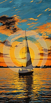 Sail Boat Sunset Painting: Digital Art In American Impressionism Style
