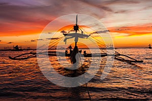 Sail boat at sunset sea, boracay island