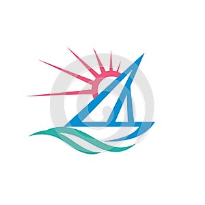 Sail boat - vector logo template concept illustration. Ship sign. Yacht symbol. Sun rays and water waves. Sea ocean travel.