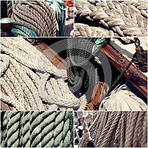 Sail boating concept. Sailing boat ropes collage set of images toned, vintage color