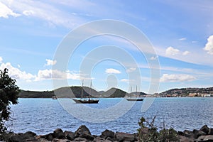Sail boats, boats, ocean, sea, mountains, St. Thomas, US Virgin Islands, island, tropical, landscape, seascape, blue sky backgroun