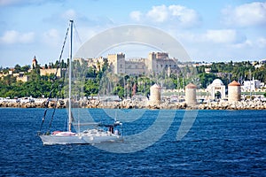 Sail boats in front of Grand Master palace in City of Rhodes Rhodes, Greece