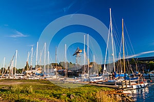 Sail boats in a harbor at Suomenlinna Sveaborg , sea fortress near Helsinki, Finla