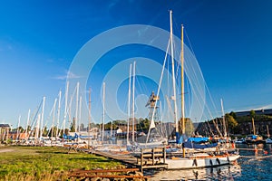 Sail boats in a harbor at Suomenlinna Sveaborg , sea fortress near Helsinki, Finla