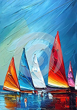 Sail boats on the horizon colorful oil knife painting