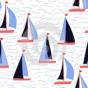 Sail boats and waves vector repeat nautical print