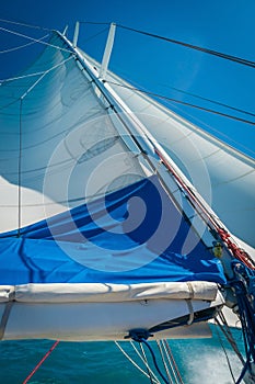 Sail of a large monohull boat under strong wind