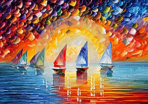 Sail regatta boats on the horizon colorful oil knife painting