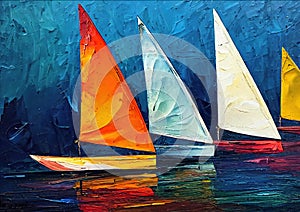 Sail regatta boats on the horizon colorful oil knife painting
