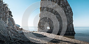 Sail Rock on the beach, picturesque seascape. Black Sea, Krasnodar Region, Northern Caucasus, Russia