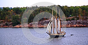 Sail ship. Photo in vintage image style