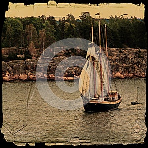 Sail ship. Photo in vintage image style