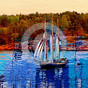 Sail ship. Photo in vintage image style