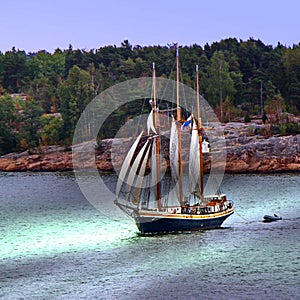 Sail ship. Photo in vintage image style