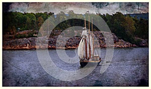 Sail ship. Photo in vintage image style