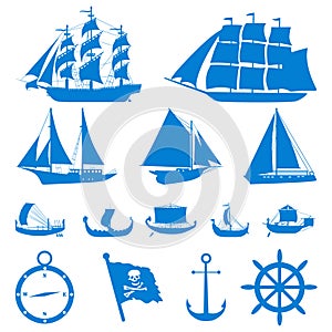 Sail ships silhouettes. Ships set. Sailing boat. Blue tall ships. Pirate ship accessories.