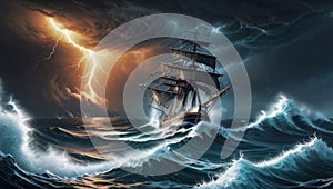 Sailboat in the against the in a violent storm with waves, lightning and thunderstorm. Generative AI