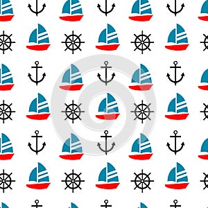 Sailboat, anchor and ship steer seamless pattern.