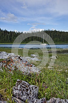 Sailboat at anchor in Southeast Alaska