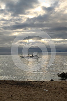 A sailboat anchored near Pond Inlet, Nunavut waiting for weather to transit through the Northwest Passage