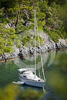 Sailboat anchored in Sarsala Bay, Gocek.