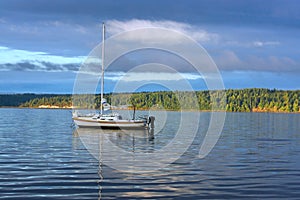 Sailboat anchored upper left