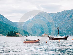 Sailboat in the ancient town of Perast in Bay of Kotor, Monteneg