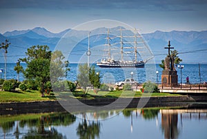 Sailboat in Avacha Bay, the city of Petropavlovsk-Kamchatsky