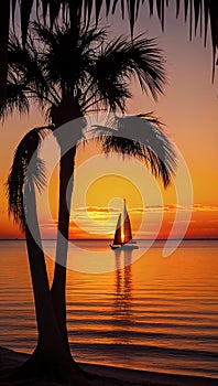 Sailboat on the background of the setting sun. Visible silhouette of palm trees. Ai generative