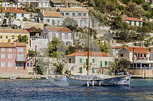 Sailboat in the bay of assos on the island of kefalonia