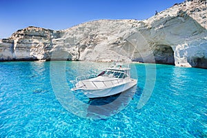 Sailboat in a beautiful bay, Milos island, Greece