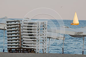 Sailboat Behind Sunbeds on Varna Beach