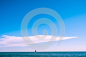 Sailboat with black sail in the sea under blue sky.