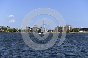 Sailboat in Boston Harbor set against the city shoreline