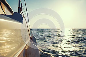 Sailboat bow with the tightened sail, sailing in the wind, with the sea in the background. Concept of water tourism. Sailing a