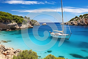 Sailboat in Calanques bay, Costa Brava, Catalonia, Spain, Beautiful beach with sailing boat yacht, Cala Macarelleta, Menorca