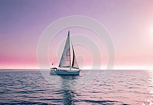 Sailboat in a calm sea during a bright sunset with pink clouds, vacation on a yacht in the ocean