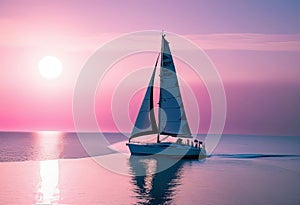 Sailboat in a calm sea during a bright sunset with pink clouds, vacation on a yacht in the ocean