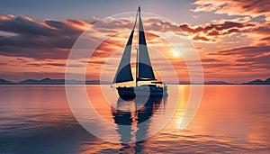 Sailboat in a calm sea during a bright sunset with pink clouds, vacation on a yacht in the ocean