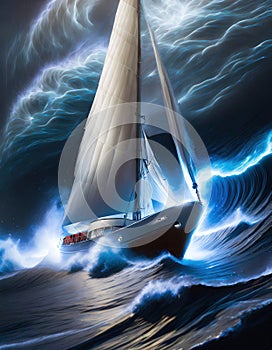 A sailboat caught in a storm at sea