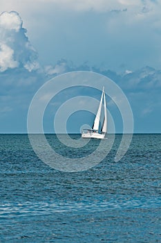 Sailboat cruising in the gulf of mexico on a clear, windy day