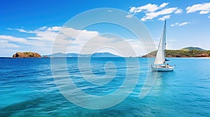 Sailboat cruising near island under blue sky