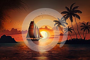 sailboat cruising past lush, tropical island sunset