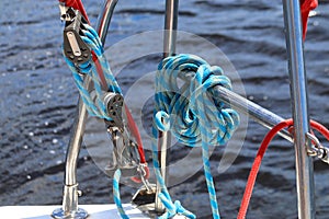 Sailboat detail. Ropes and fixing arrangements on a sailboat.