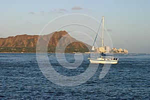 Sailboat and Diamond Head in Waikiki Hawaii