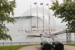 Sailboat at dock in fog