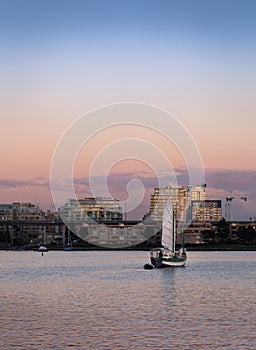 Sailboat in False Creek, Vancouver, at sunset.