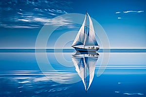 Sailboat floating in the middle of body of water with blue sky in the background. Generative AI